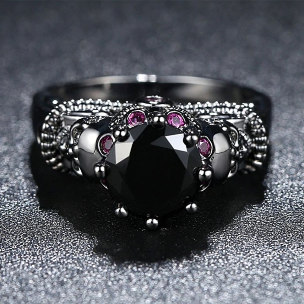Black Zircon Skull Punk Rock Gothic Halo Ring - Picture 3 of 4